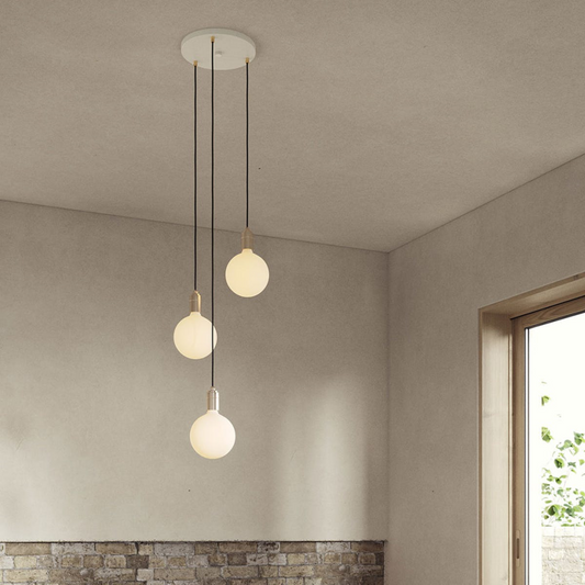 Canopy & Sphere Bulb Triple Ceiling Plate & Pendant Set, 400 x 25 cm, White & Brass